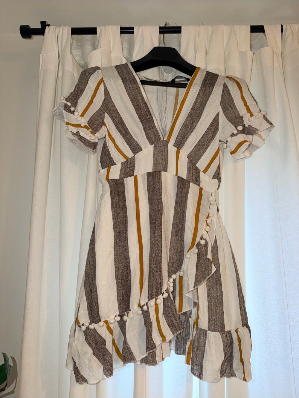 Simplee Apparel Striped Cotton Faux Wrap Mini Dress w Pom Poms